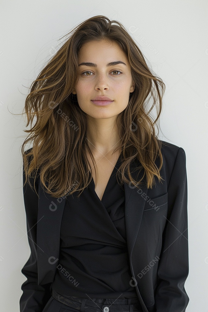 Foto de moda de mulher com cabelo castanho perfeitamente penteado