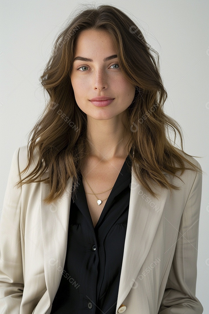 Foto de moda de mulher com cabelo castanho perfeitamente penteado