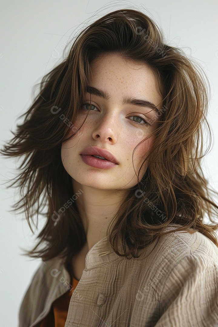 Foto de moda de mulher com cabelo castanho perfeitamente penteado