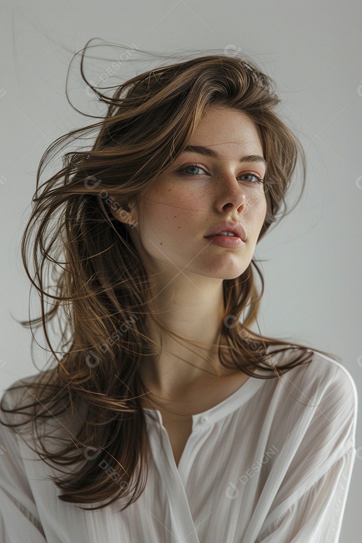 Foto de moda de mulher com cabelo castanho perfeitamente penteado