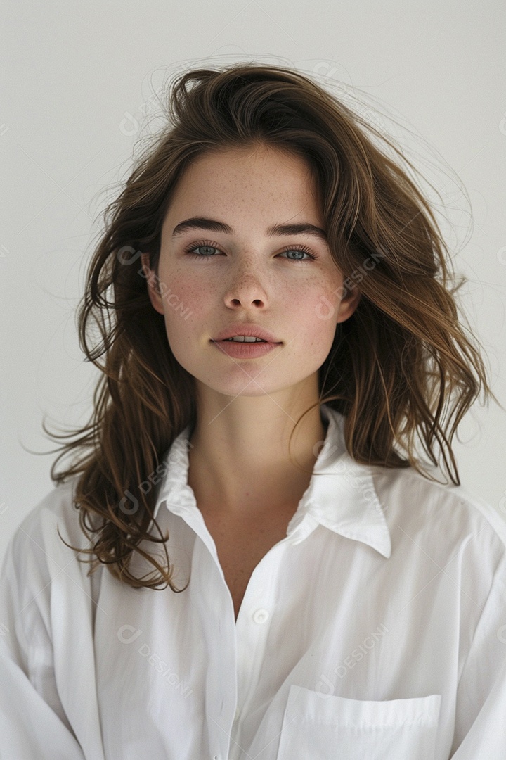 Foto de moda de mulher com cabelo castanho perfeitamente penteado