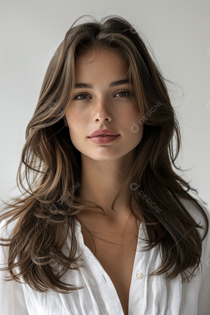 Foto de moda de mulher com cabelo castanho perfeitamente penteado