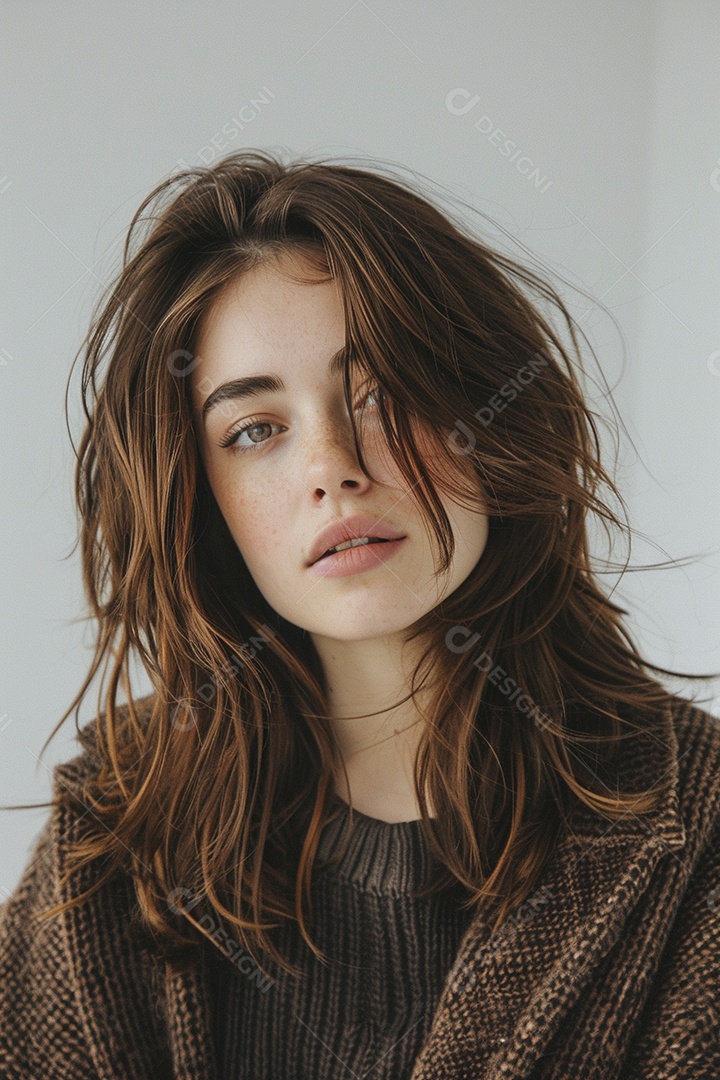 Foto de moda de mulher com cabelo castanho perfeitamente penteado