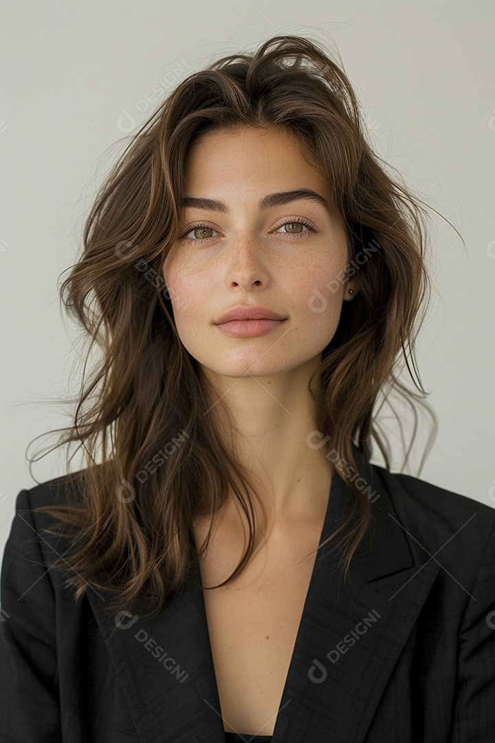 Foto de moda de mulher com cabelo castanho perfeitamente penteado