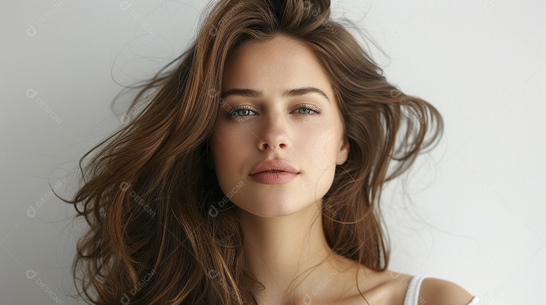 Foto de moda de mulher com cabelo castanho perfeitamente penteado