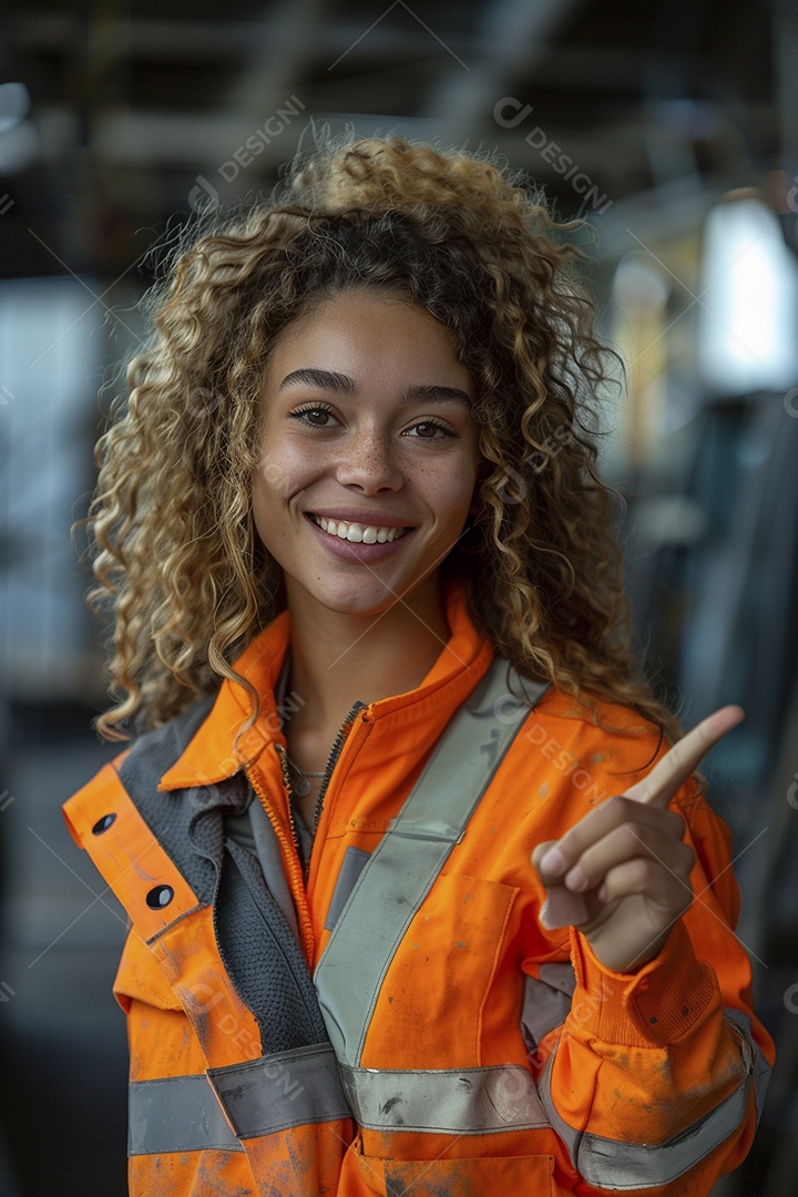 Trabalhadora feliz, apontando para o lado, sorrindo para a câmera