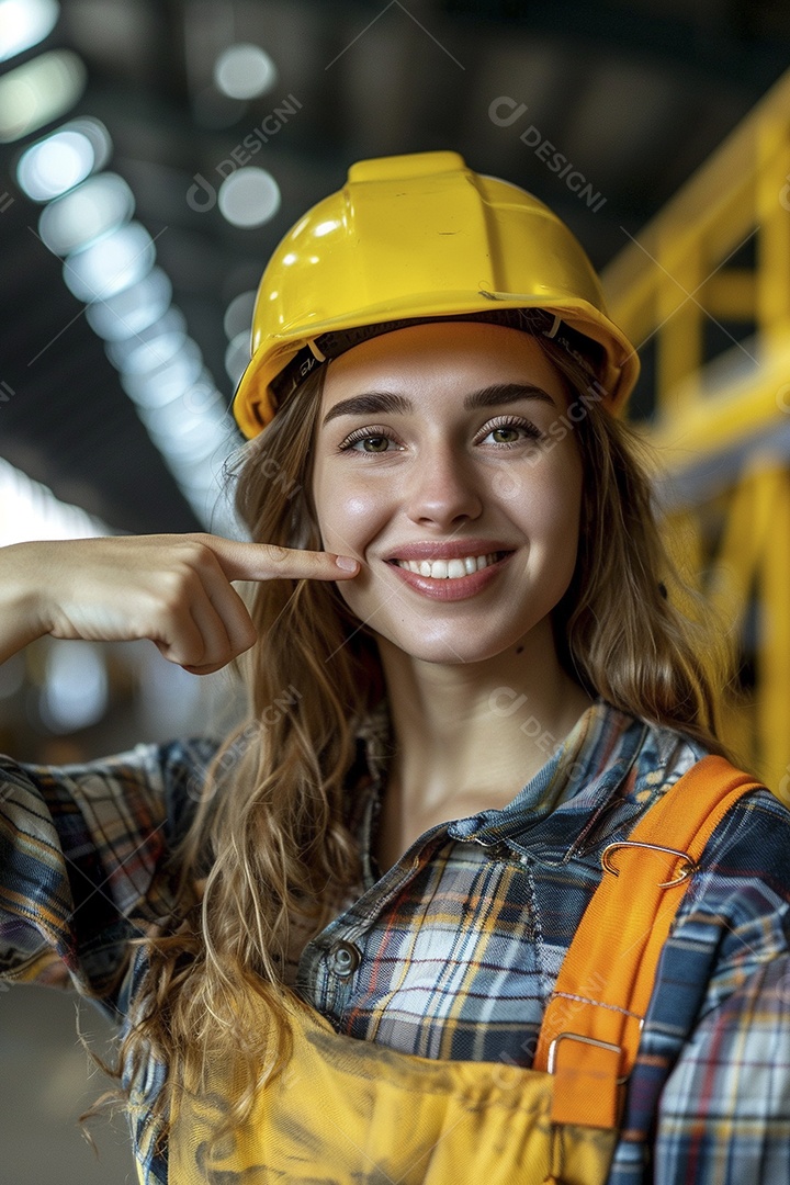 Trabalhadora feliz, apontando para o lado, sorrindo para a câmera