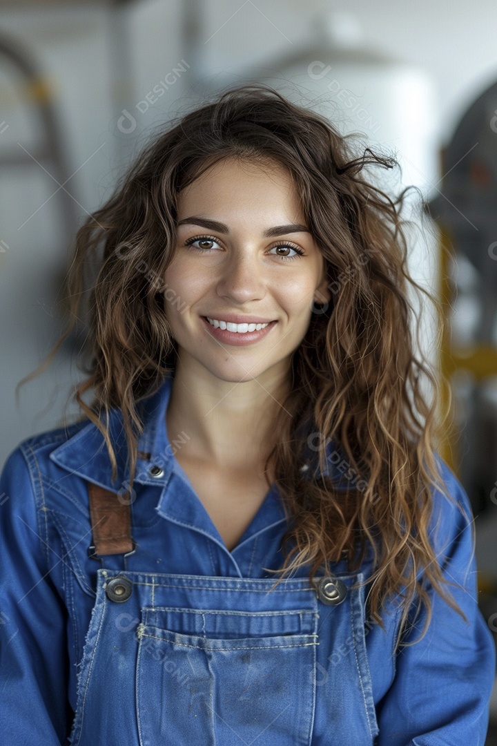 Trabalhadora feliz, apontando para o lado, sorrindo para a câmera