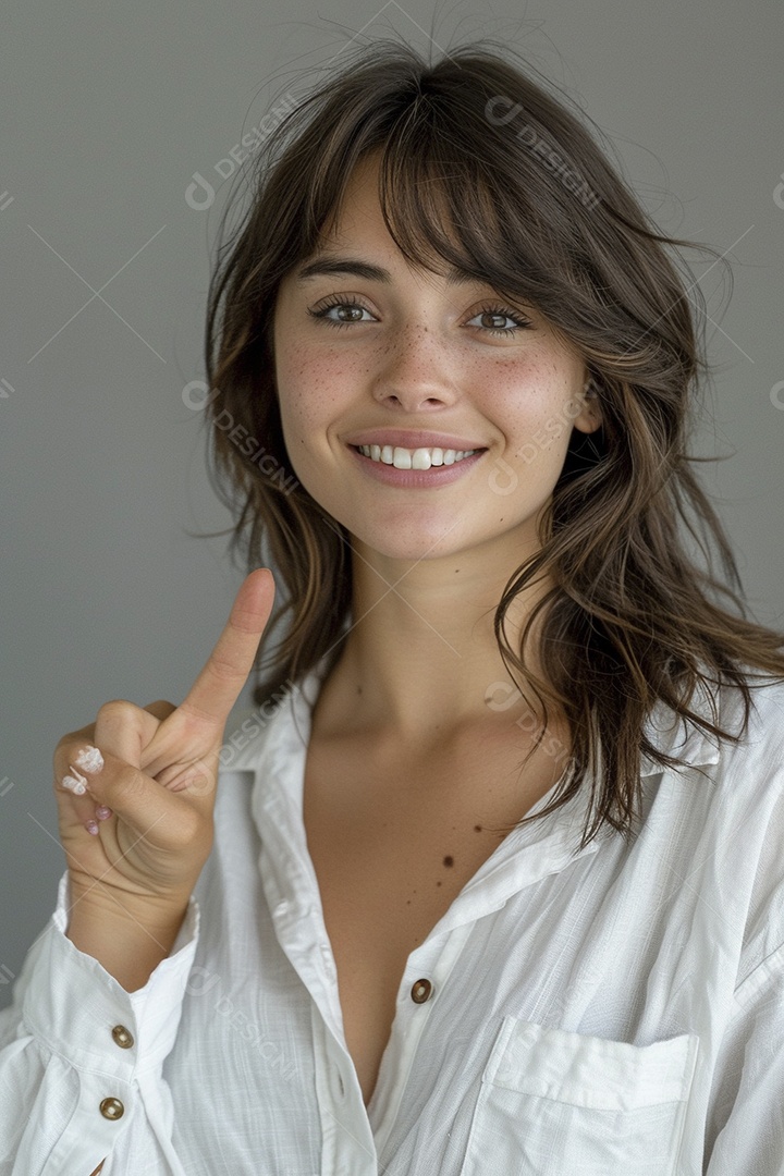 Trabalhadora feliz, apontando para o lado, sorrindo para a câmera