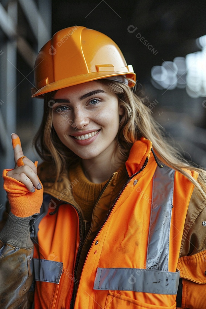 Trabalhadora feliz, apontando para o lado, sorrindo para a câmera