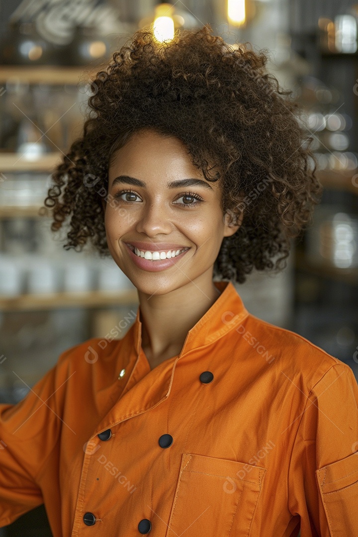 Trabalhadora feliz, apontando para o lado, sorrindo para a câmera