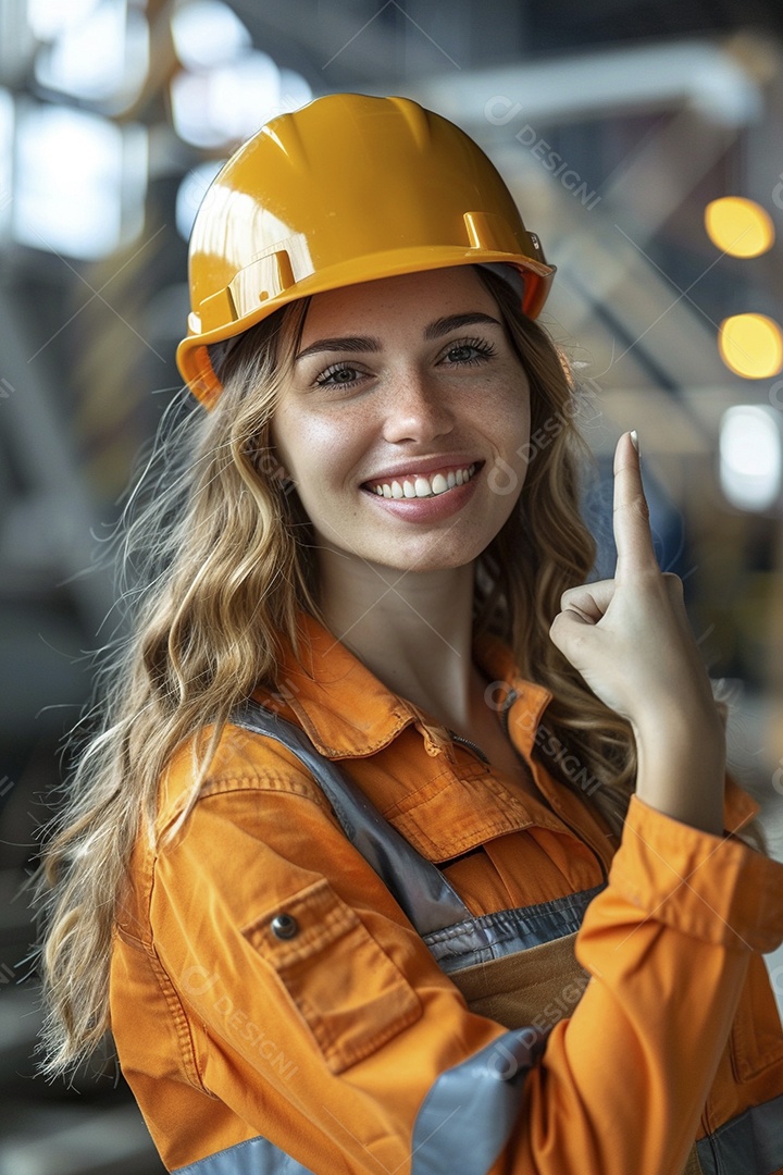 Trabalhadora feliz, apontando para o lado, sorrindo para a câmera