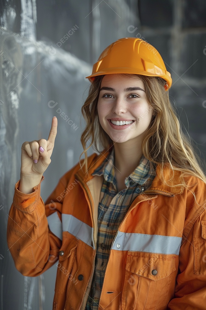 Trabalhadora feliz, apontando para o lado, sorrindo para a câmera