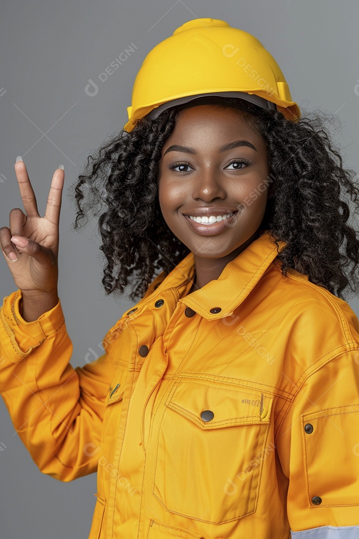 Trabalhadora feliz, apontando para o lado, sorrindo para a câmera