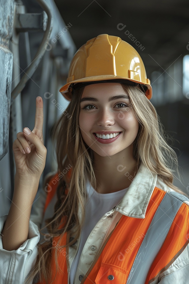 Trabalhadora feliz, apontando para o lado, sorrindo para a câmera