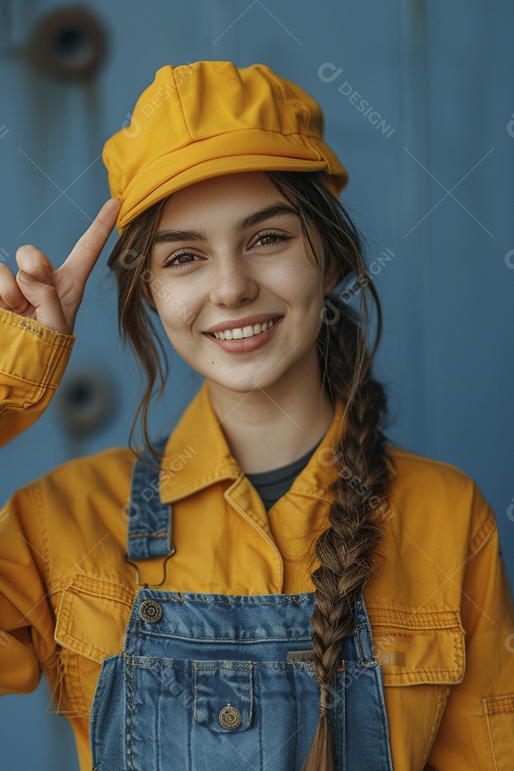 Trabalhadora feliz, apontando para o lado, sorrindo para a câmera