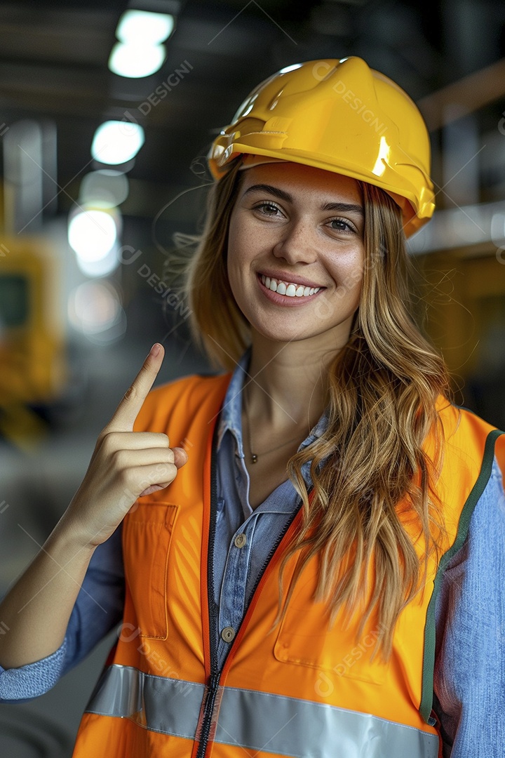 Trabalhadora feliz, apontando para o lado, sorrindo para a câmera