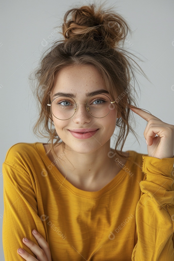 Trabalhadora feliz, apontando para o lado, sorrindo para a câmera