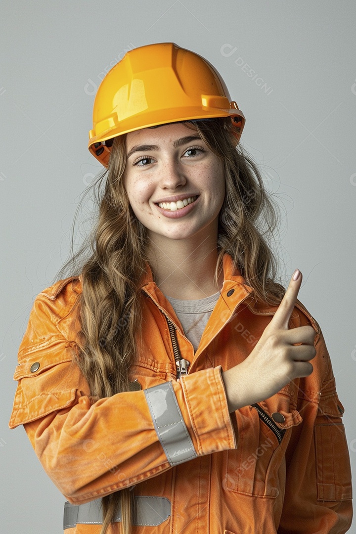 Trabalhadora feliz, apontando para o lado, sorrindo para a câmera