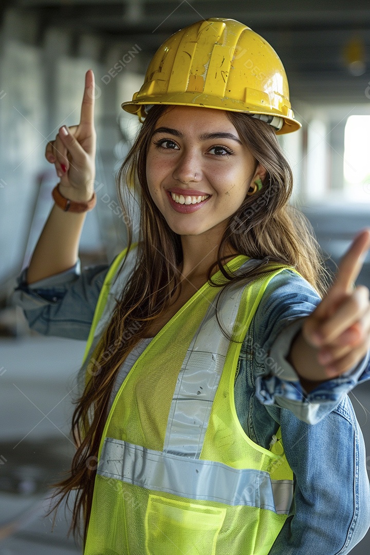 Trabalhadora feliz, apontando para o lado, sorrindo para a câmera