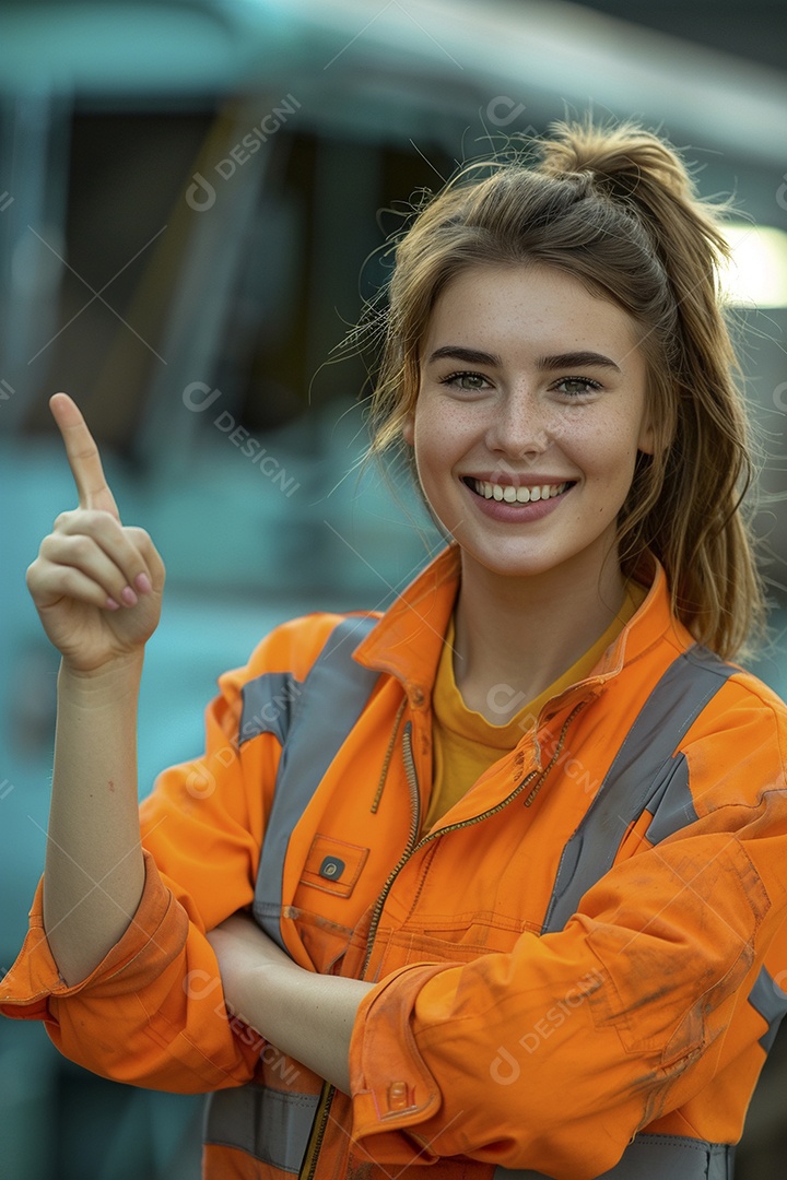 Trabalhadora feliz, apontando para o lado, sorrindo para a câmera