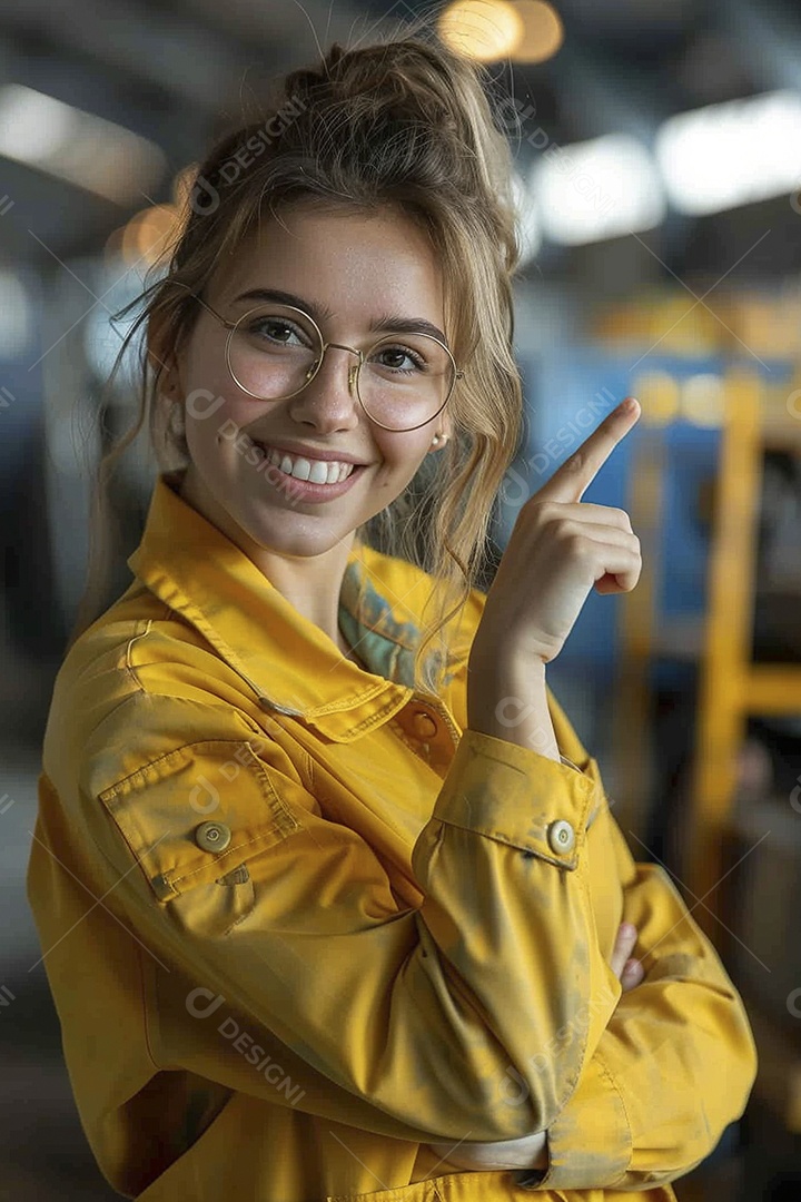Trabalhadora feliz, apontando para o lado, sorrindo para a câmera