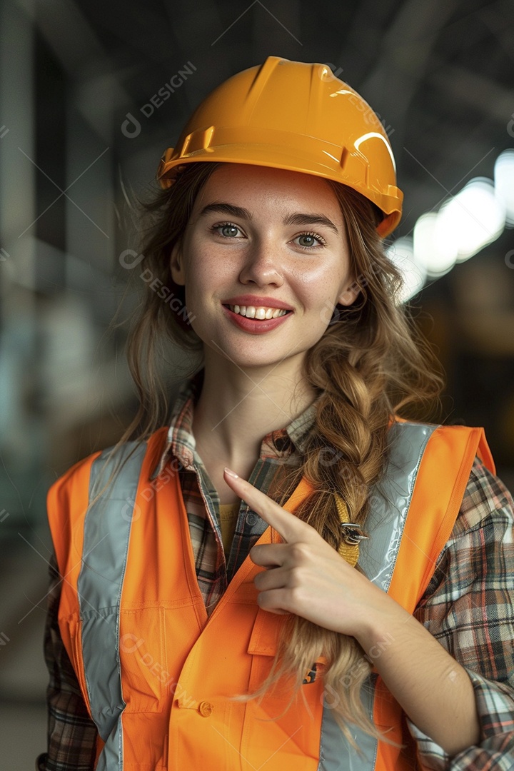 Trabalhadora feliz, apontando para o lado, sorrindo para a câmera