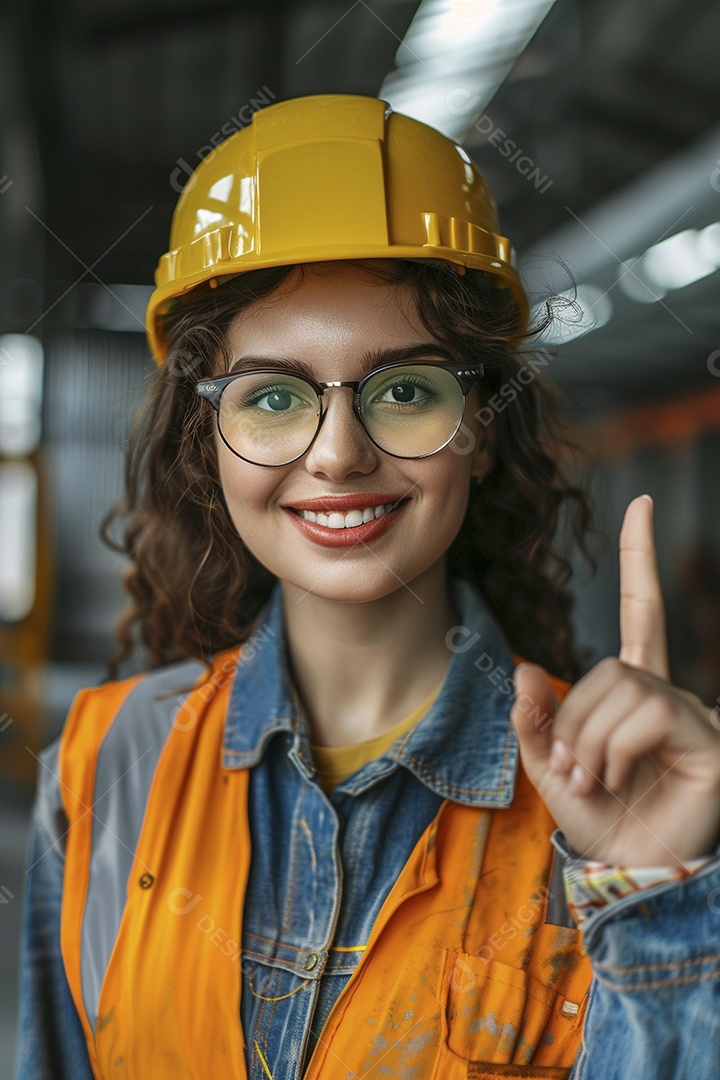 Trabalhadora feliz, apontando para o lado, sorrindo para a câmera