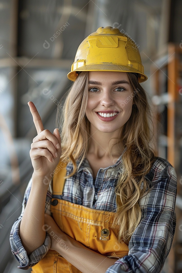 Trabalhadora feliz, apontando para o lado, sorrindo para a câmera