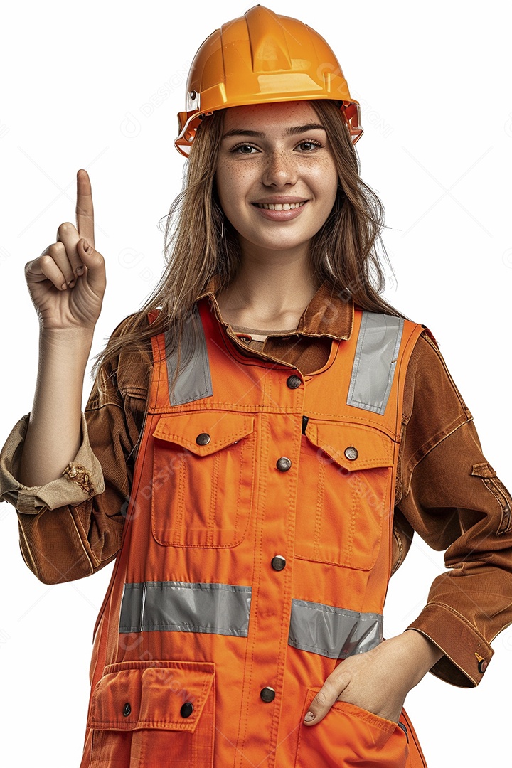 Trabalhadora feliz, apontando para o lado, sorrindo para a câmera