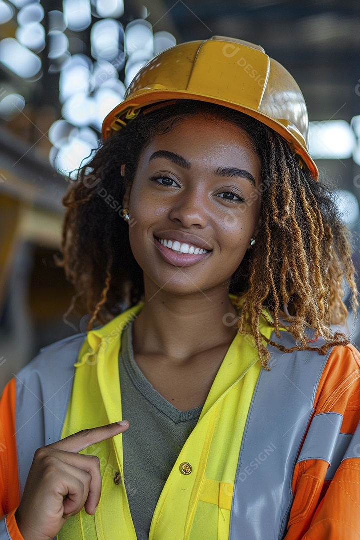 Trabalhadora feliz, apontando para o lado, sorrindo para a câmera