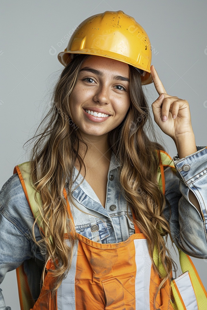 Trabalhadora feliz, apontando para o lado, sorrindo para a câmera