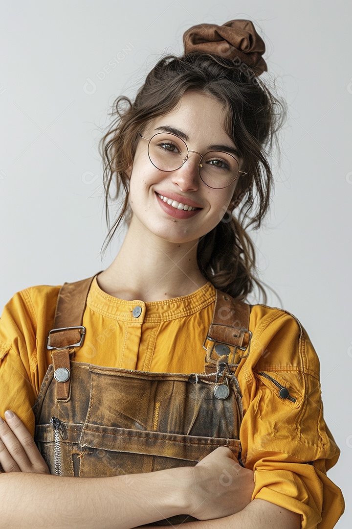 Trabalhadora feliz, apontando para o lado, sorrindo para a câmera