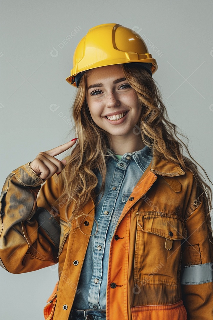 Trabalhadora feliz, apontando para o lado, sorrindo para a câmera