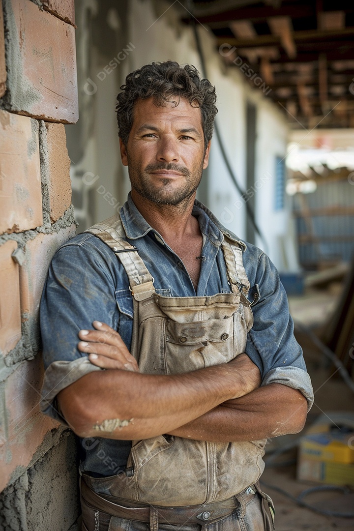 Pedreiro brasileiro padrão em frente a um canteiro de obras com os braços cruzados