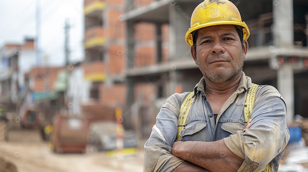Pedreiro brasileiro padrão em frente a um canteiro de obras com os braços cruzados