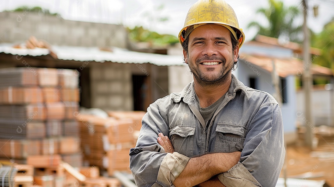 Pedreiro brasileiro padrão em frente a um canteiro de obras com os braços cruzados