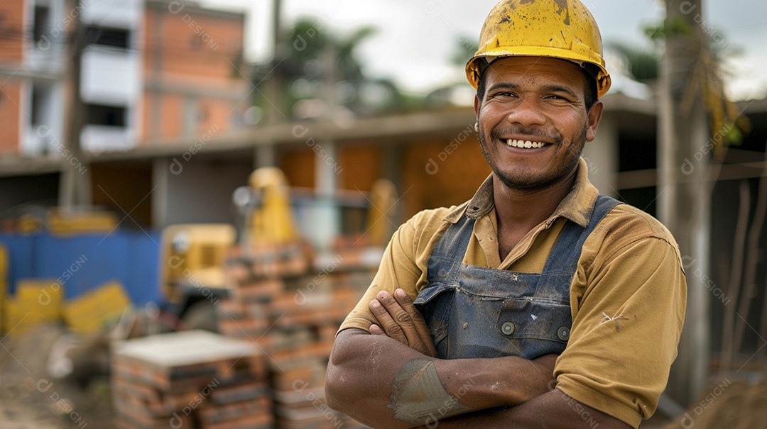 Pedreiro brasileiro padrão em frente a um canteiro de obras com os braços cruzados