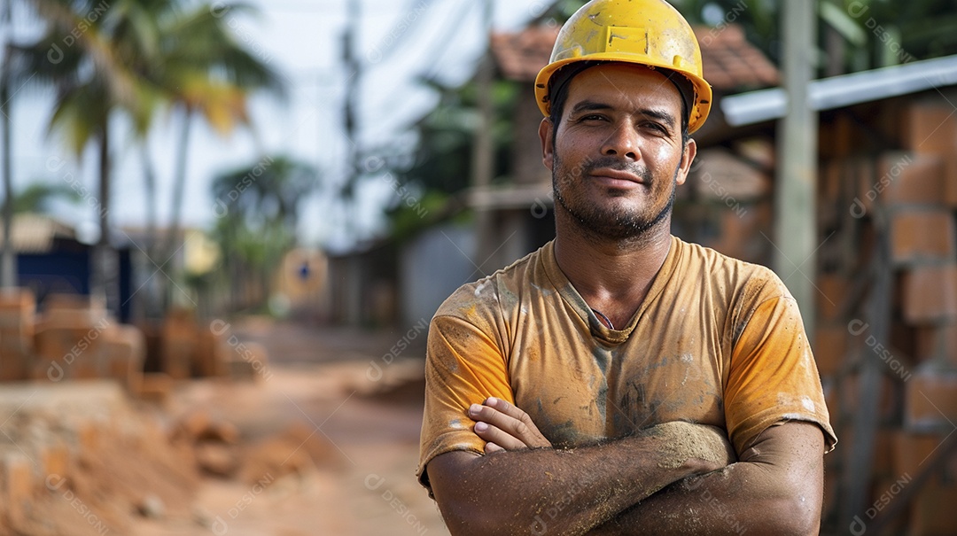 Pedreiro brasileiro padrão em frente a um canteiro de obras com os braços cruzados