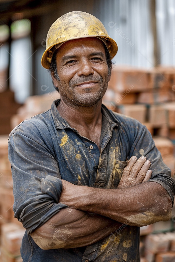 Pedreiro brasileiro padrão em frente a um canteiro de obras com os braços cruzados