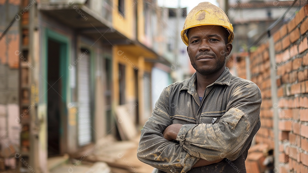 Pedreiro brasileiro padrão em frente a um canteiro de obras com os braços cruzados