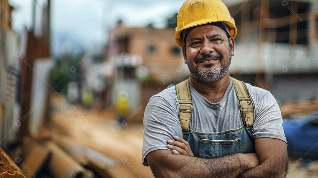 Pedreiro brasileiro padrão em frente a um canteiro de obras com os braços cruzados