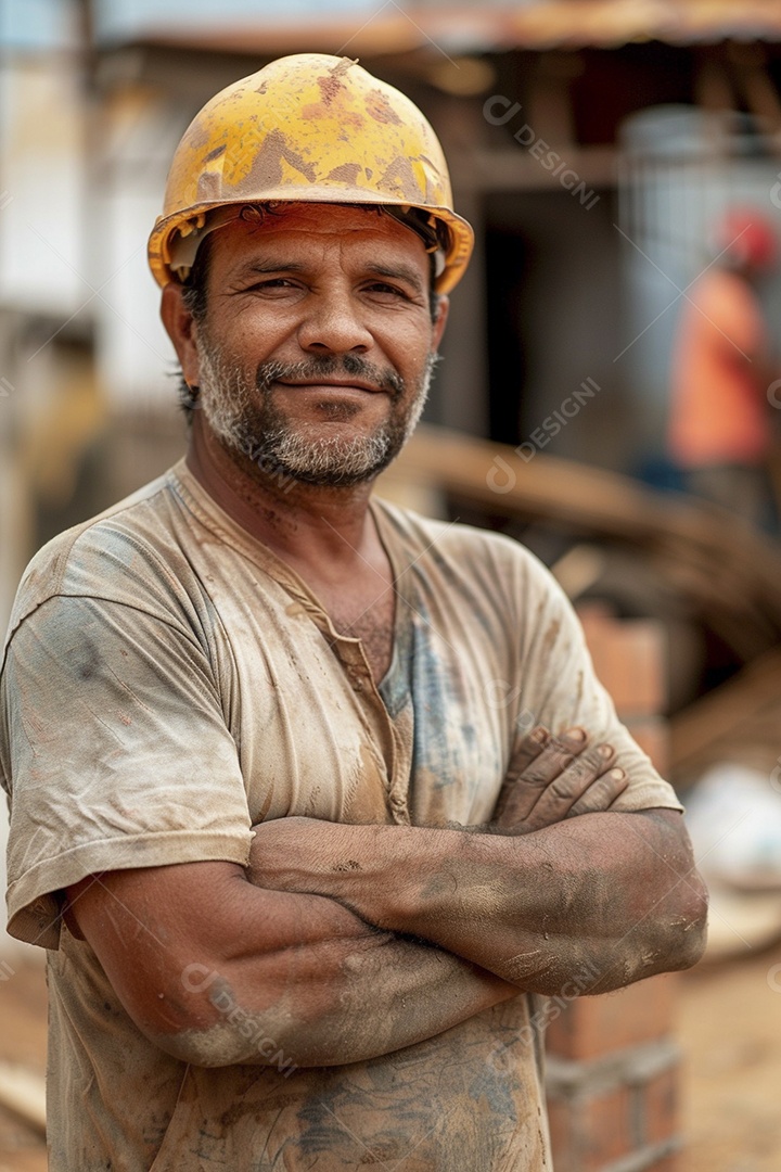 Pedreiro brasileiro padrão em frente a um canteiro de obras com os braços cruzados