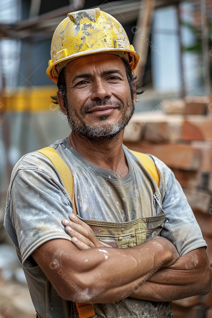 Pedreiro brasileiro padrão em frente a um canteiro de obras com os braços cruzados