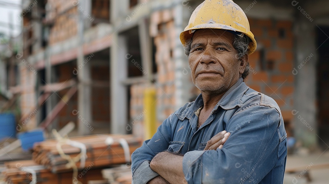 Pedreiro brasileiro padrão em frente a um canteiro de obras com os braços cruzados