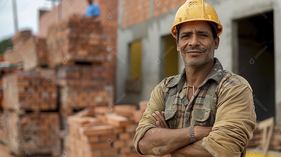 Pedreiro brasileiro padrão em frente a um canteiro de obras com os braços cruzados