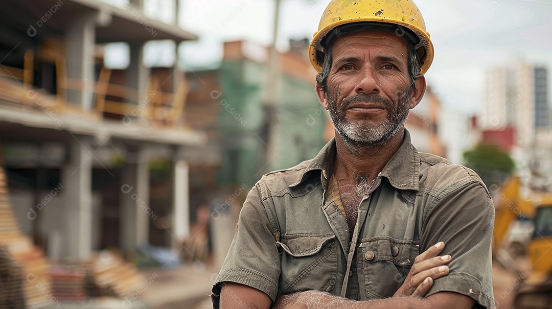 Pedreiro brasileiro padrão em frente a um canteiro de obras com os braços cruzados