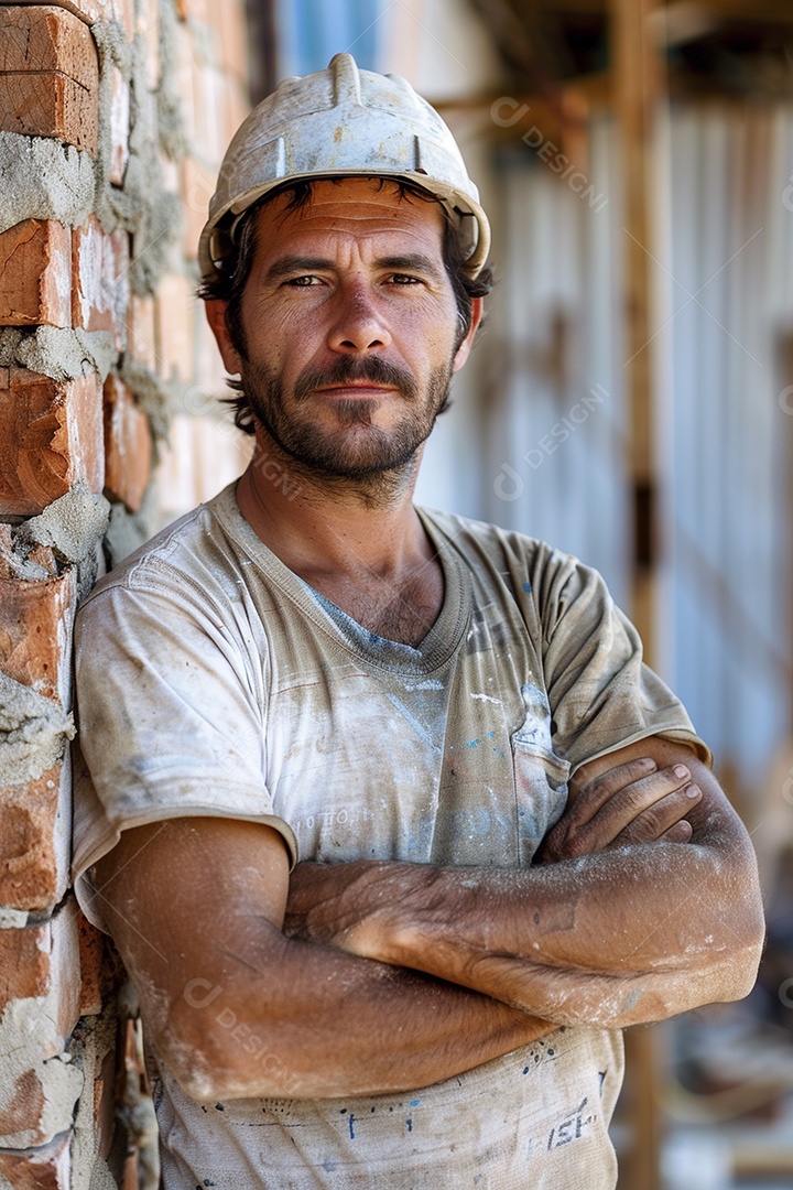Pedreiro brasileiro padrão em frente a um canteiro de obras com os braços cruzados