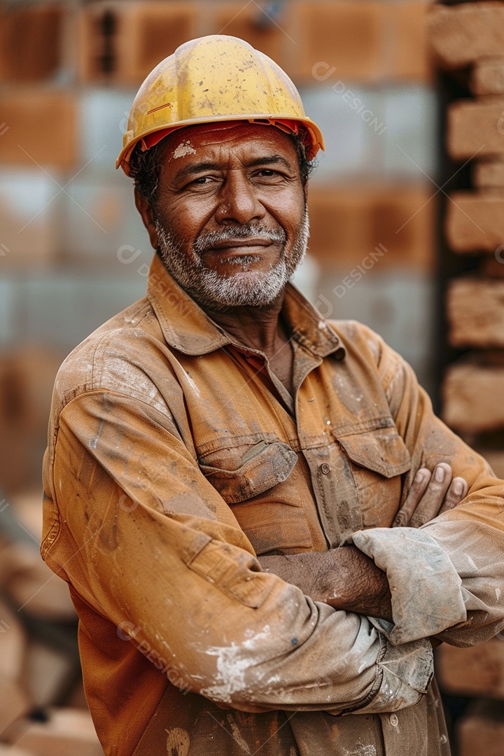 Pedreiro brasileiro padrão em frente a um canteiro de obras com os braços cruzados