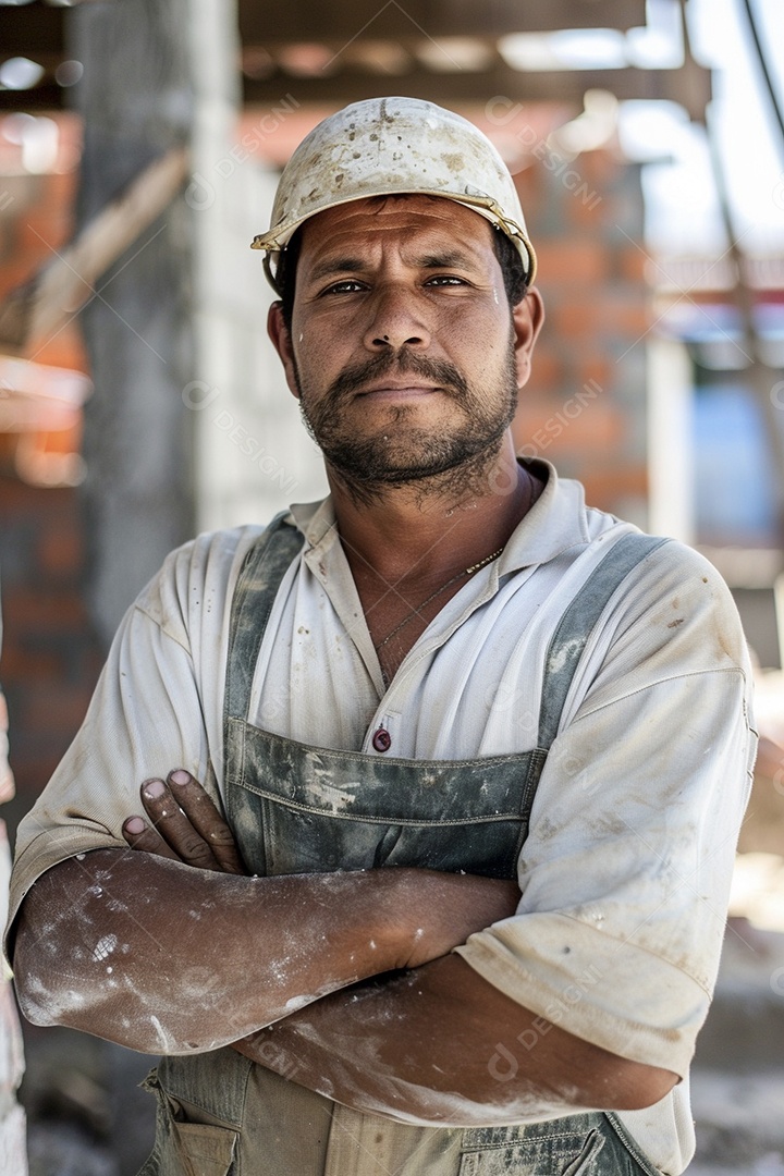 Pedreiro brasileiro padrão em frente a um canteiro de obras com os braços cruzados